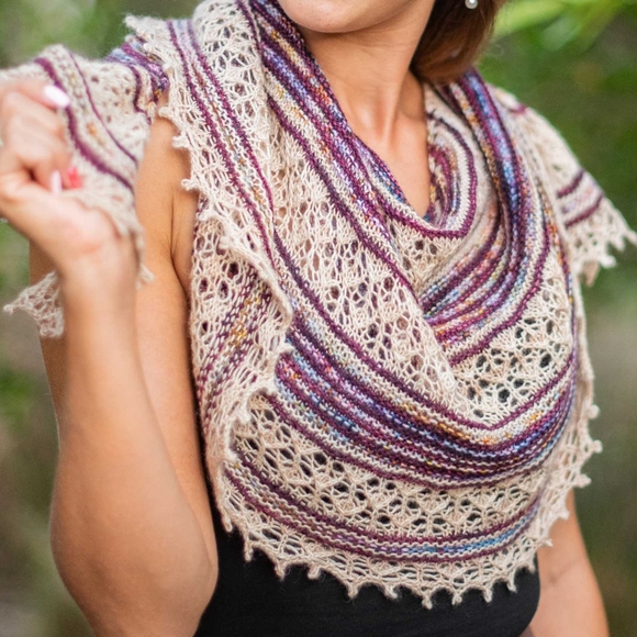 Hand Crafted Accessories - SOLD Hand Crafted OOAK Classic Wool Striped Lace Knit Scarf White Purple